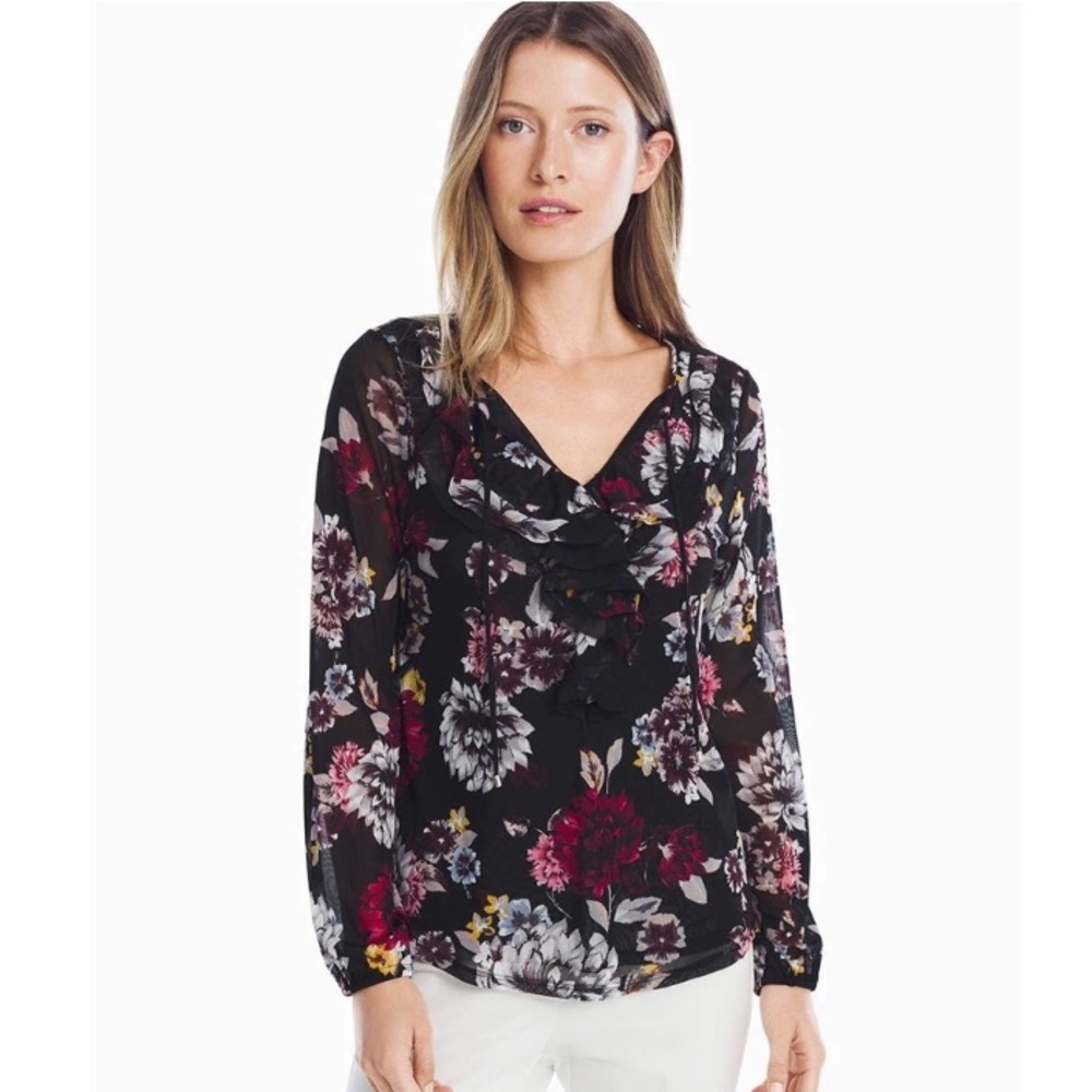 White House Black Market Floral Ruffle
Blouse Size Medium Long Sleeve Semi-Sheer